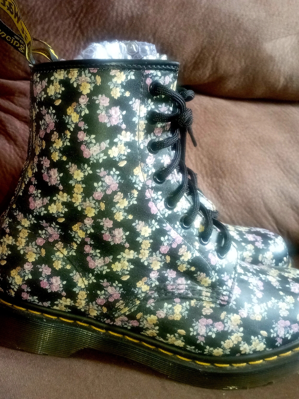 Dr. Martens Black Floral Lace-Up Boots with Pink & Yellow Flowers Size 8 Us 6 Uk